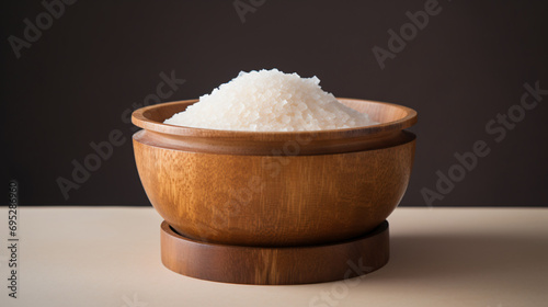 Light-colored cane sugar in a wood container