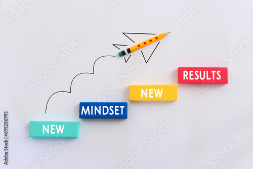 top view image of pencils with puzzle and the text new mindset. success and personal development concept photo
