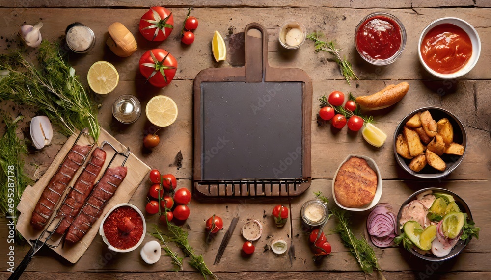 Barbecue menu. Grilled meat and vegetables on rustic wooden table