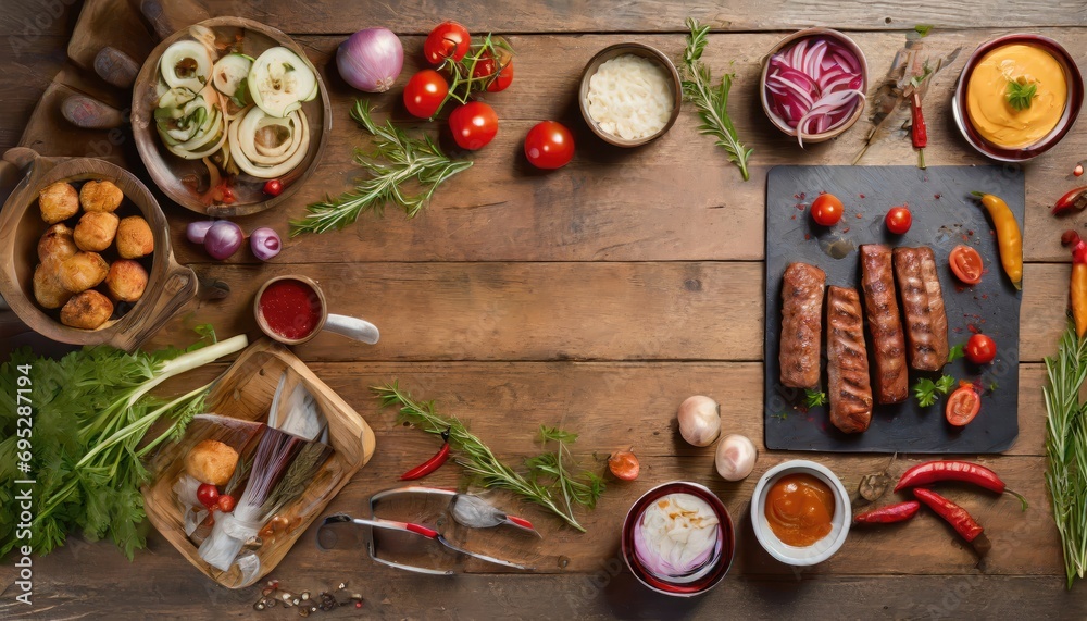 Barbecue menu. Grilled meat and vegetables on rustic wooden table