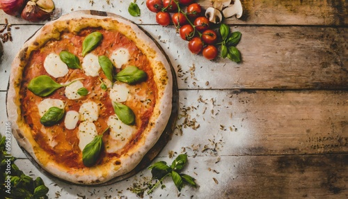 Copy Space image of Pizza Margherita on wooden background, Pizza Margarita with Tomatoes,