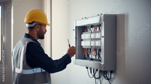 Professional electrician man works in a switchboard with an electrical connecting cable, Electrician repairing photo