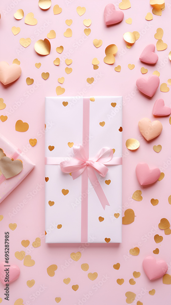 Layout for the holiday of Valentine's Day, gift, confetti and hearts, on a pink background with copy space. Layout for the holiday of Valentine's Day, gift, confetti and hearts, on a pink background with copy space.