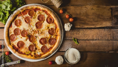 Copy Space image of Pizza Margherita on wooden background, Pizza Margarita with Tomatoes,