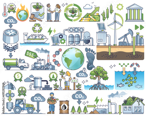 Carbon capture and CO2 dioxide storage underground outline collection set, transparent background.Exhaust air pollution problem solution as nature friendly method illustration.