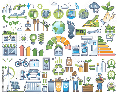 General eco friendly elements with sustainable ecology outline collection set, transparent background. Item group with waste management.
