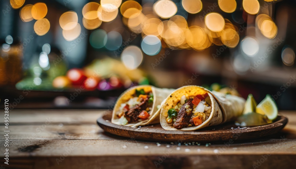 Mexican fiesta dinner, chicken tortillas stuffed with yellow, red and green sweet pepper with bokeh background. Mexican fiesta dinner, chicken tortillas stuffed with yellow, red and green sweet pepper with bokeh background.