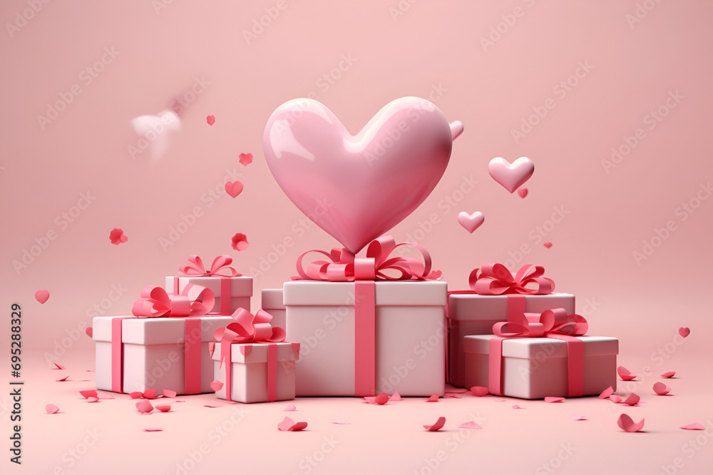 Gifts on a pink background, 3D hearts with copy space, holiday greeting card.