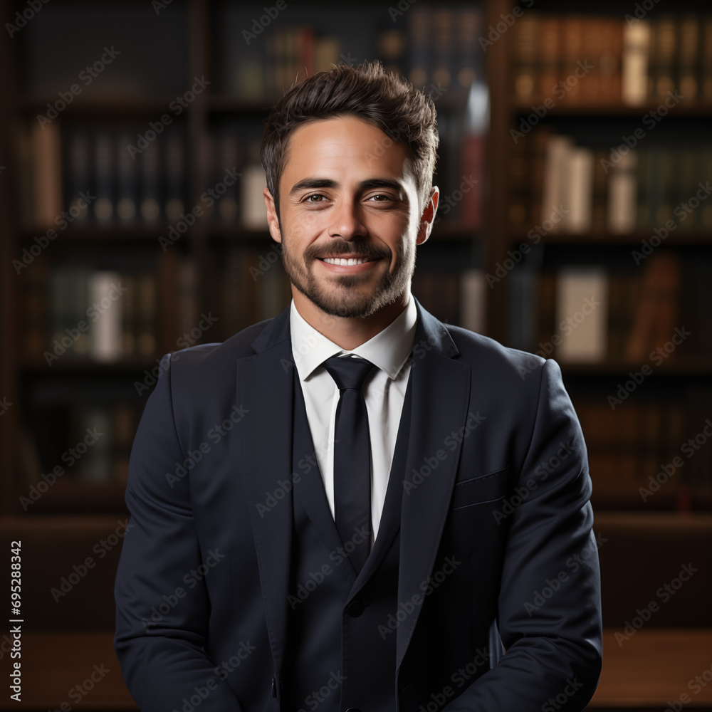 Photo of handsome happy man against a library bookshelf background. Lawyer, manager, businessman concept. Successful manin a suit, office workplace Photo of handsome happy man against a library bookshelf background. Lawyer, manager, businessman concept. Successful manin a suit, office workplace