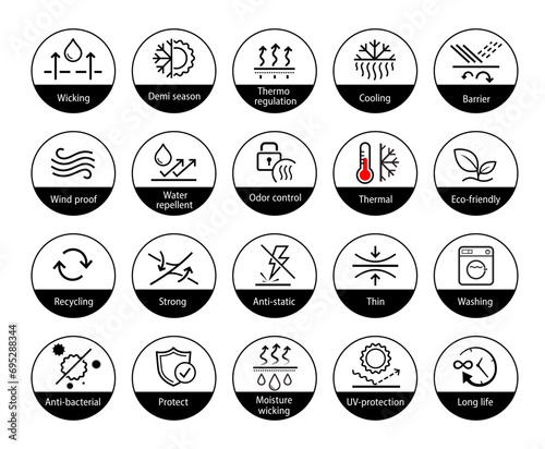 Set icons for functional fabric, clothing. The outline icons are well scalable and editable. Contrasting vector elements are good for different backgrounds. EPS10.