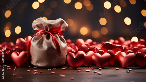 Gift bag with red hearts on bokeh background. Valentine s day concept