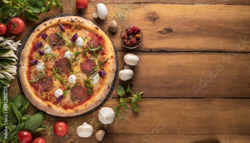 Copy Space image of Delicious pizza margarita with mozzarella on dark wooden