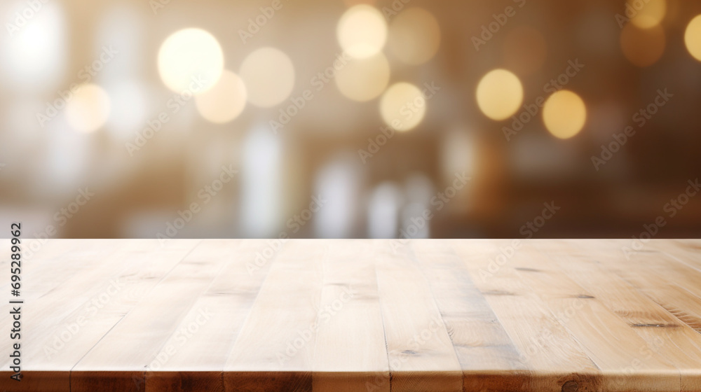 Empty Beautiful wood table top and blur bokeh modern kitchen interior background in clean and bright, Ready for product montage created with Generative Ai