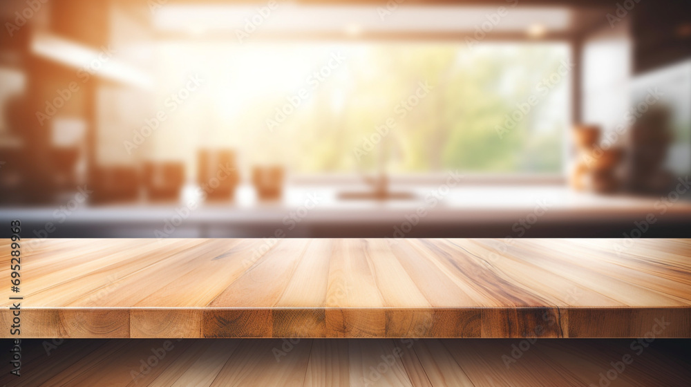 Empty Beautiful wood table top and blur bokeh modern kitchen interior background in clean and bright, Ready for product montage created with Generative Ai Empty Beautiful wood table top and blur bokeh modern kitchen interior background in clean and bright, Ready for product montage created with Generative Ai