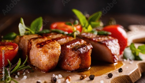 Copy Space image with close up of barbecue ribs on cutting board over wooden table.
