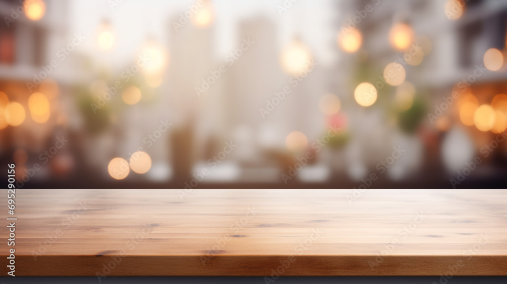 Empty Beautiful wood table top and blur bokeh modern kitchen interior background in clean and bright, Ready for product montage created with Generative Ai