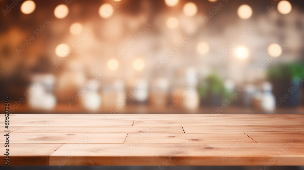 Empty Beautiful wood table top and blur bokeh modern kitchen interior background in clean and bright, Ready for product montage created with Generative Ai

