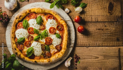 Copy Space image of Pizza Margherita on wooden background  Pizza Margarita with Tomatoes 