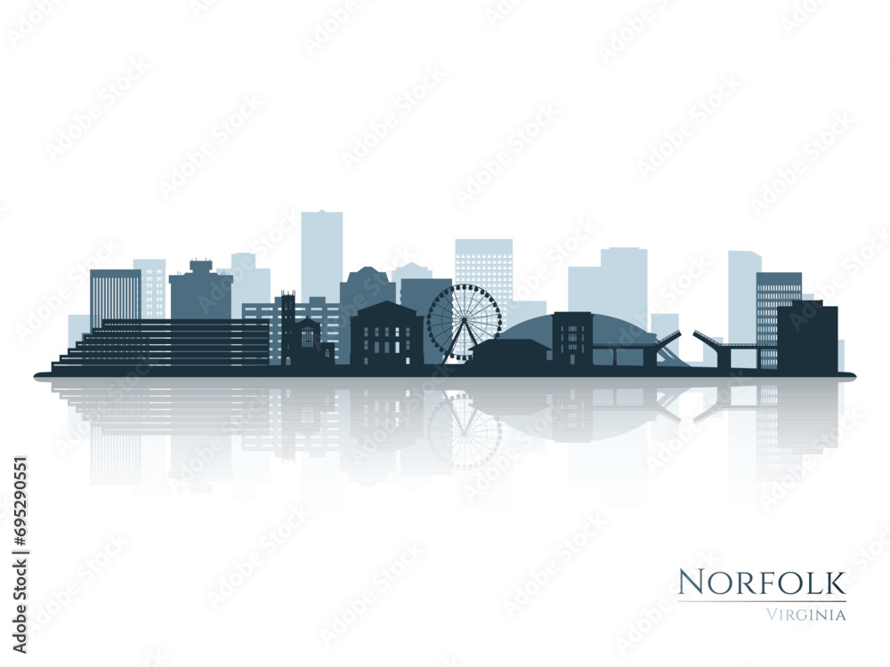 Norfolk skyline silhouette with reflection. Landscape Norfolk, Virginia. Vector illustration.
