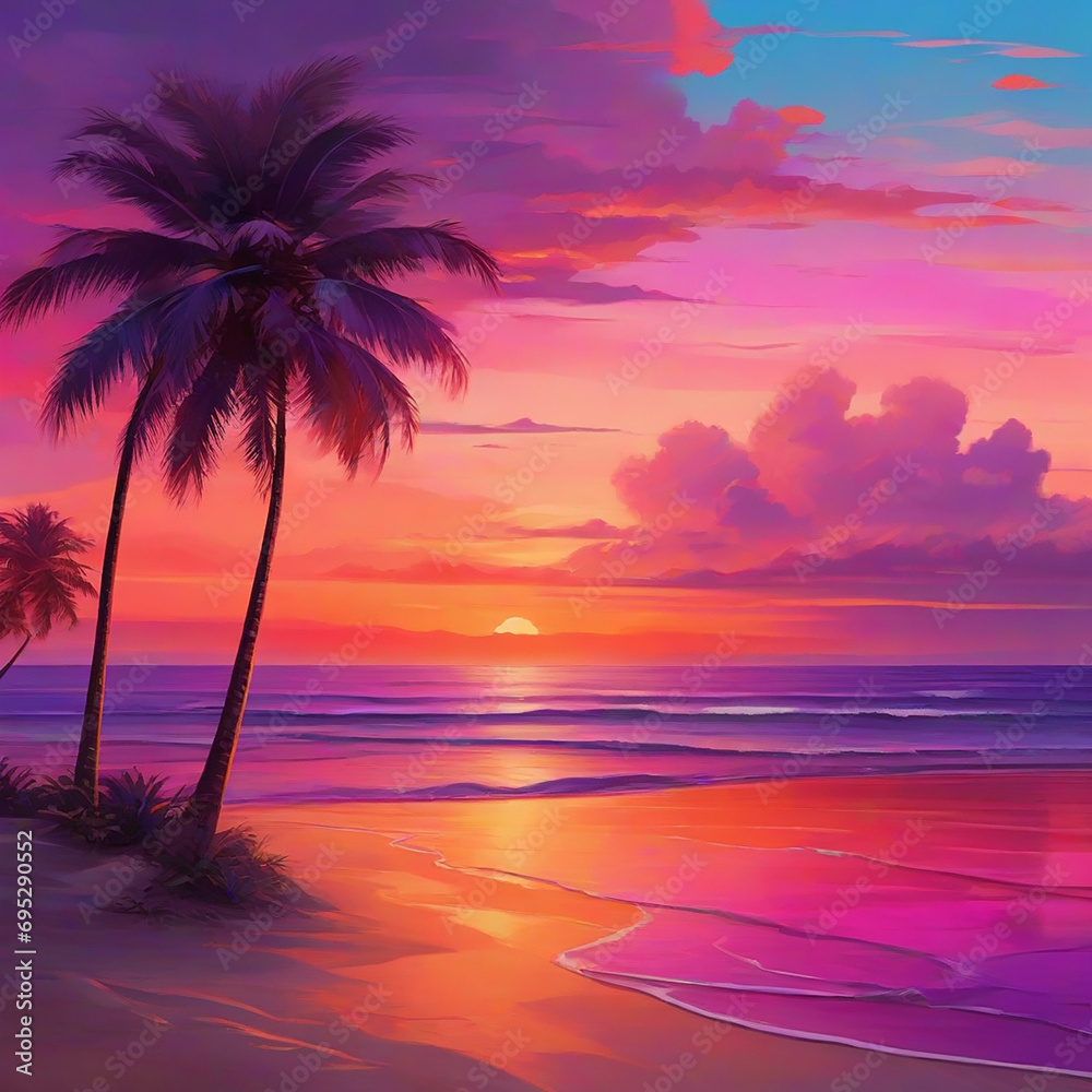 Serene tropical beach at sunset with waves