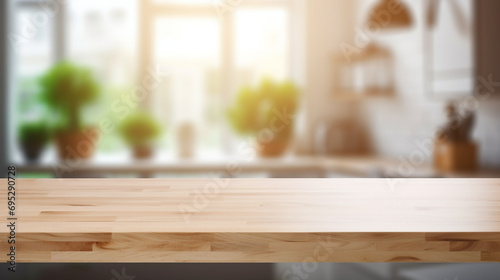 Empty Beautiful wood table top and blur bokeh modern kitchen interior background in clean and bright, Ready for product montage created with Generative Ai   © Andrii Yablonskyi