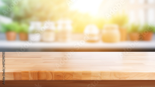 Empty Beautiful wood table top and blur bokeh modern kitchen interior background in clean and bright  Ready for product montage created with Generative Ai  