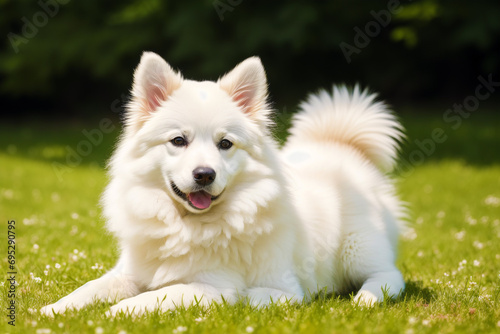 Portrait of a beautiful dog breed American Eskimo Dog in the park.  Generative AI photo