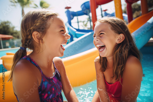 girls sharing moment of laughter while conversing in a pool at a water park photo