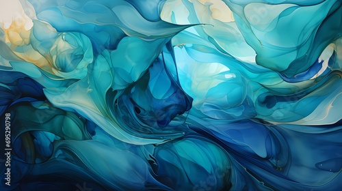 A mesmerizing abstract composition of swirling blues and greens resembling oil in water, creating a sense of depth and movement