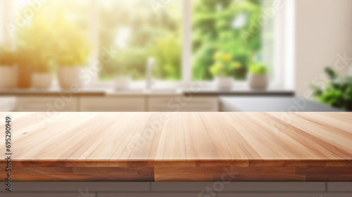 Empty Beautiful wood table top and blur bokeh modern kitchen interior background in clean and bright, Ready for product montage created with Generative Ai

