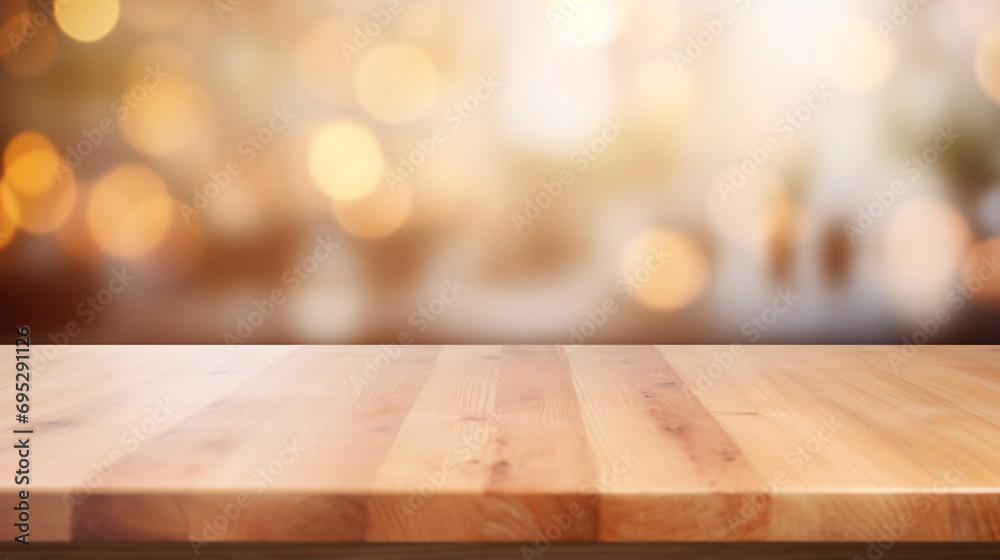 Empty Beautiful wood table top and blur bokeh modern kitchen interior background in clean and bright, Ready for product montage created with Generative Ai Empty Beautiful wood table top and blur bokeh modern kitchen interior background in clean and bright, Ready for product montage created with Generative Ai