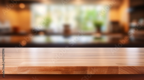 Empty Beautiful wood table top and blur bokeh modern kitchen interior background in clean and bright  Ready for product montage created with Generative Ai