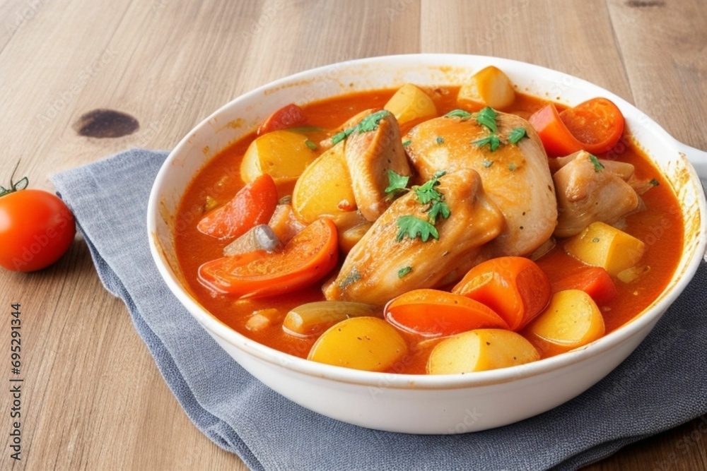 Chicken stew with tomatoes, onions, carrots, and potatoes. Chicken stew with tomatoes, onions, carrots, and potatoes.