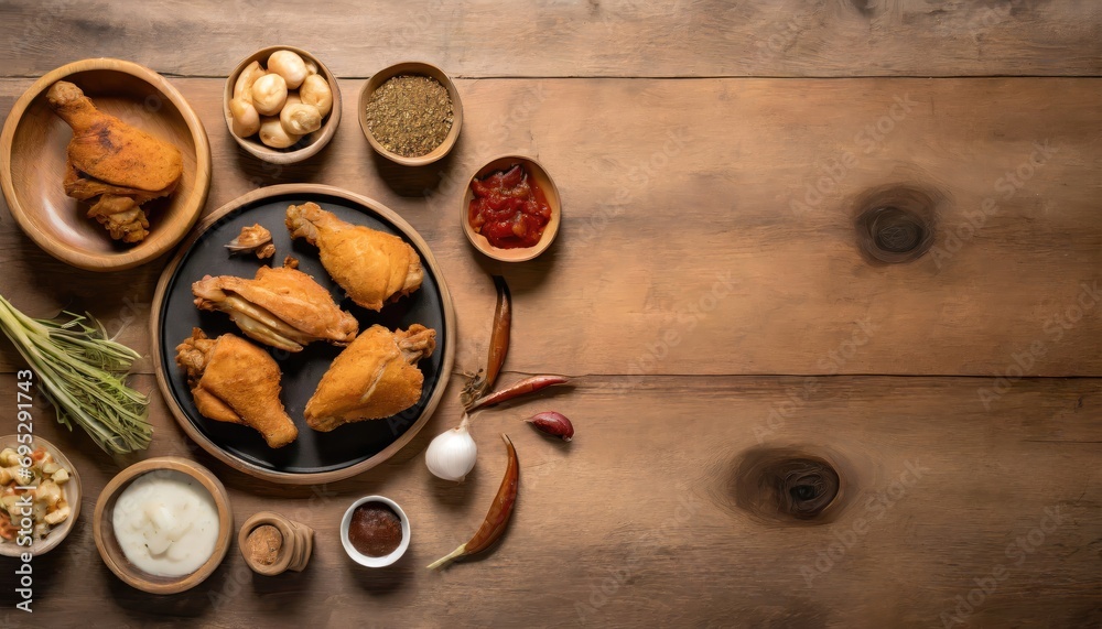 Copy Space image of Breaded chicken drumstick, leg, wing and breast tenders strips. Dark Wooden background. Copy Space image of Breaded chicken drumstick, leg, wing and breast tenders strips. Dark Wooden background.