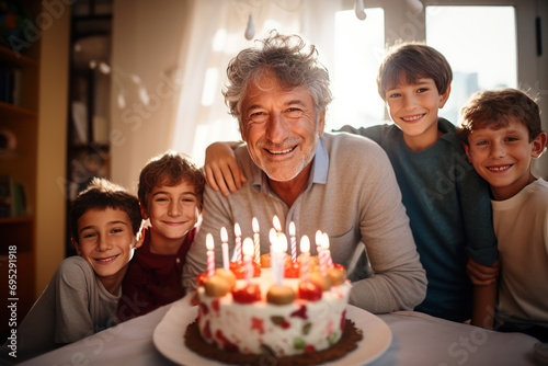 Elderly man celebrating birthday with his grandsons