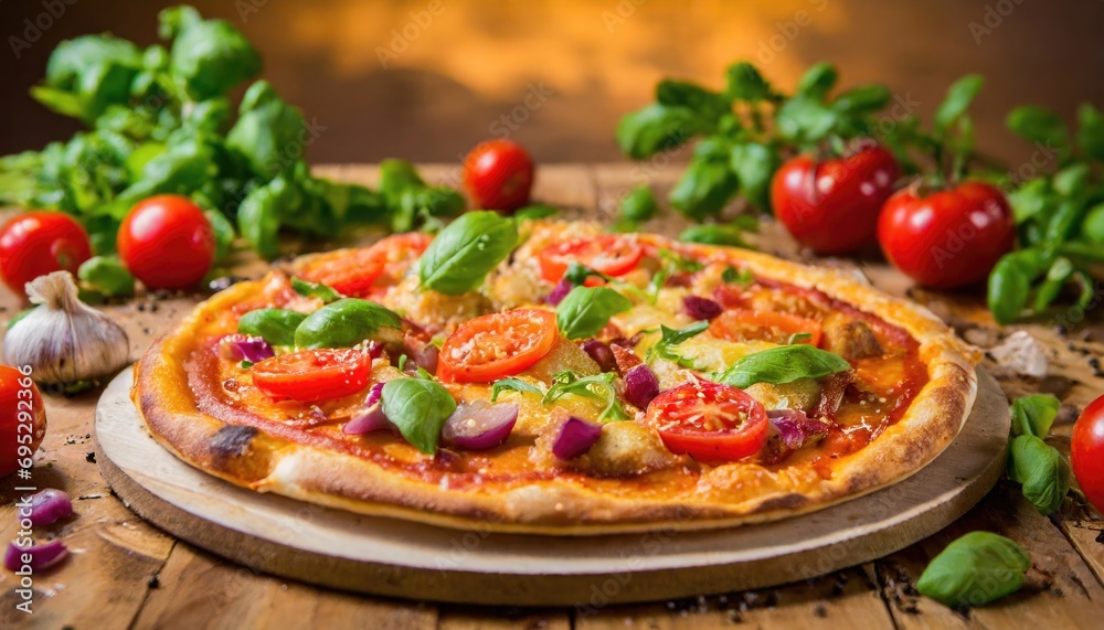 Copy Space image of Pizza Margherita on wooden background, Pizza Margarita with Tomatoes,