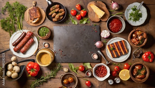 Wallpaper Mural Barbecue menu. Grilled meat and vegetables on rustic wooden table Torontodigital.ca