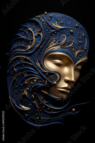 Mystical Metallic Face Sculpture with Swirling Blue Patterns on Black Background