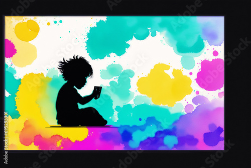 An illustration of A little asian boy. Playing soccer. Silhouette. Watercolor paint. Generative AI