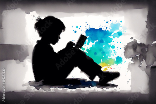 An illustration of A little asian boy. Playing soccer. Silhouette. Watercolor paint. Generative AI