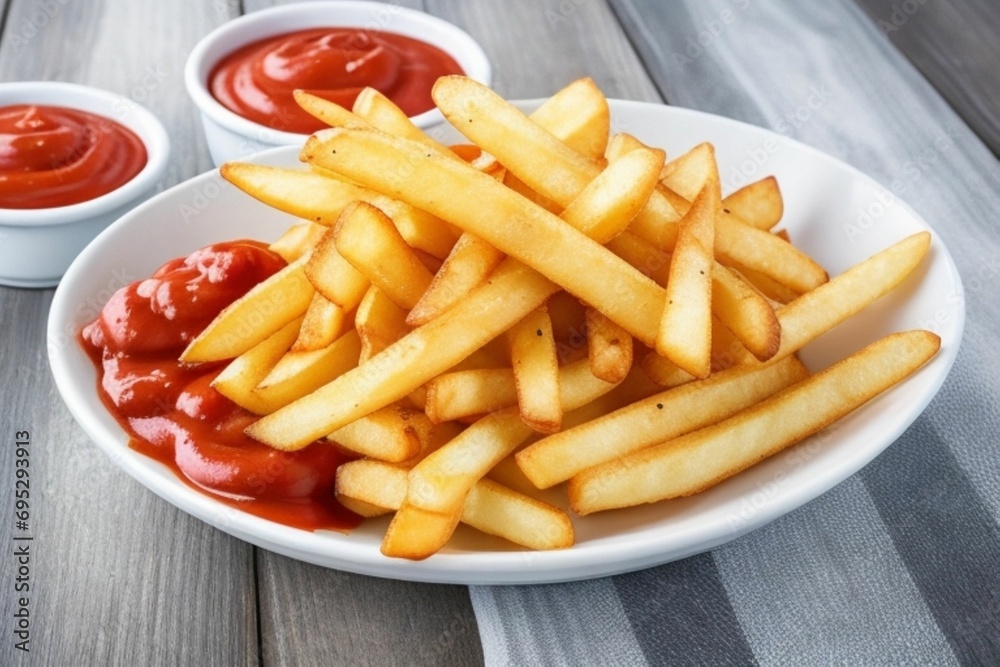 French fries with sour cream and ketchup. French fries with sour cream and ketchup.