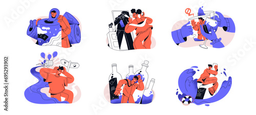 Alcohol addiction contour concept set. People with alcoholism problems excessive abuse spirits. Addicted characters, drinkers, dunkards drink wine, beer. Flat isolated vector illustrations on white