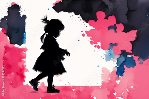An illustration of A little asian girl. Playing. Silhouette. Watercolor paint. Generative AI