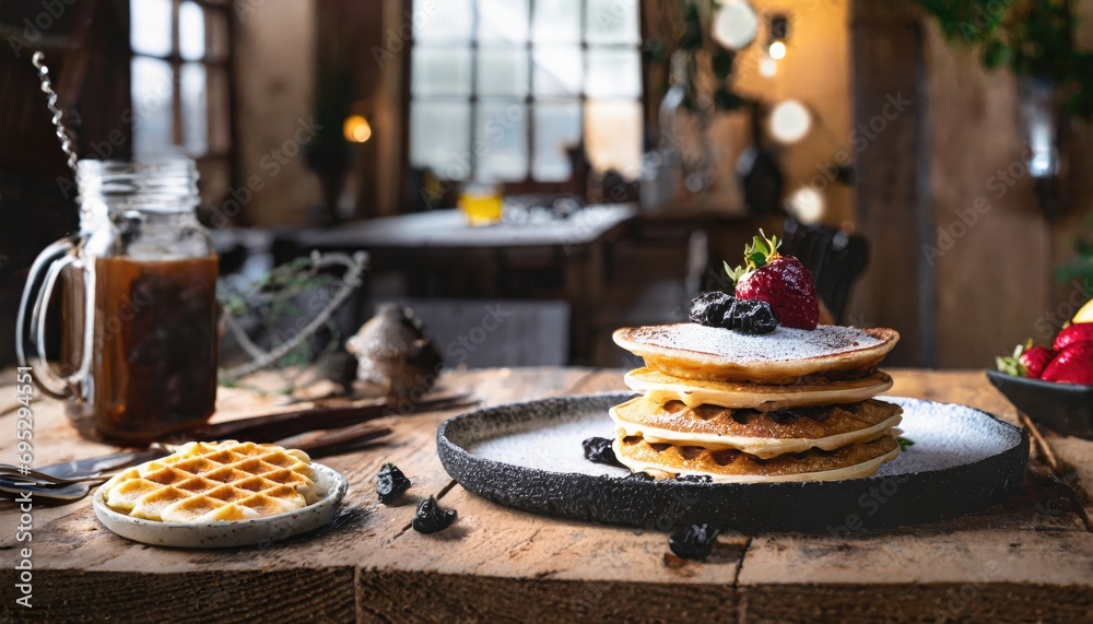 Copy Space image of Belgian waffles with strawberries, blueberries and syrup on wooden table. Copy Space image of Belgian waffles with strawberries, blueberries and syrup on wooden table.