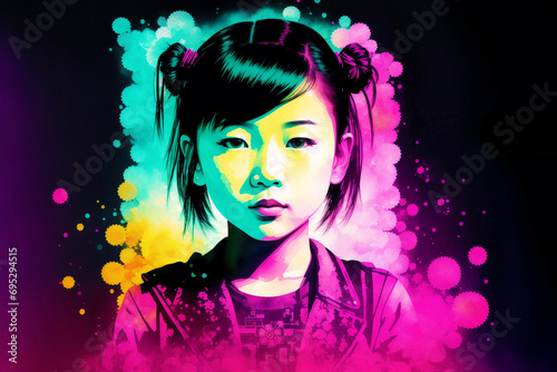 An illustration of A little asian girl. Playing. Silhouette. Watercolor paint. Generative AI