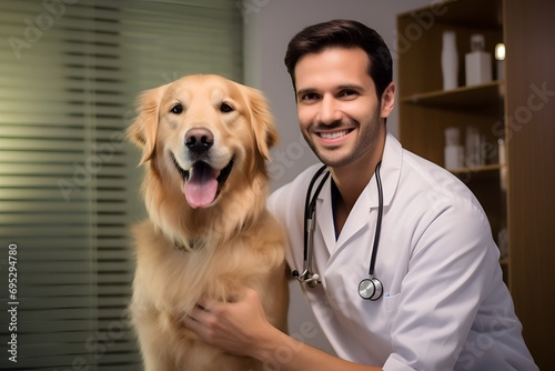 Young Handsome Veterinarian and golden retriever dog after appointment in clinic, Veterinary Clinic with a Professional Caring Doctor, Healthy Pet on a Check Up.