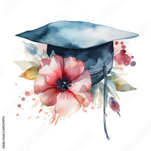 Watercolor graduating cap with flower bouquet on a transparent background