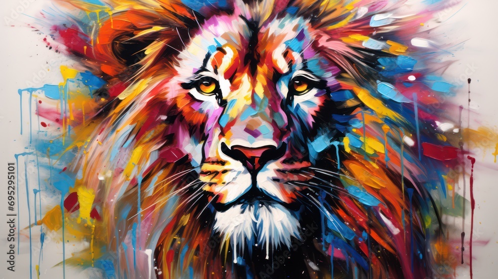 colorful oil painting of a close-up lion face