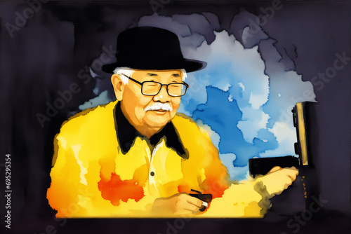 An illustration of An old asian man. Silhouette. Watercolor paint. Generative AI