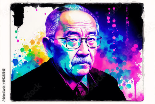 An illustration of An old asian man. Silhouette. Watercolor paint. Generative AI